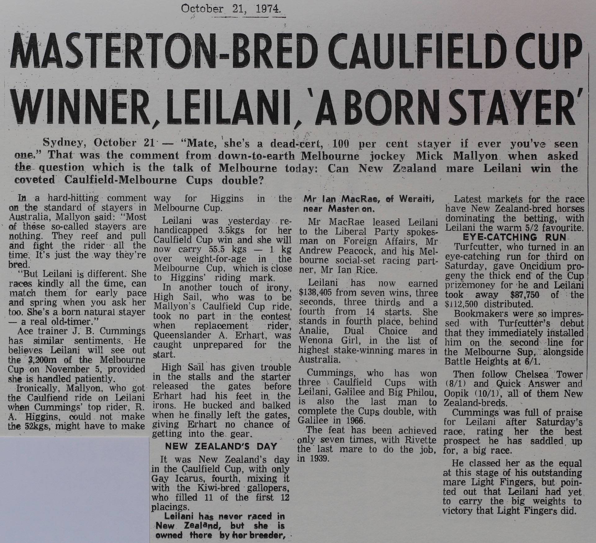 Masterton-bred Caulfield Cup winner, Leilani, 'a born stayer'